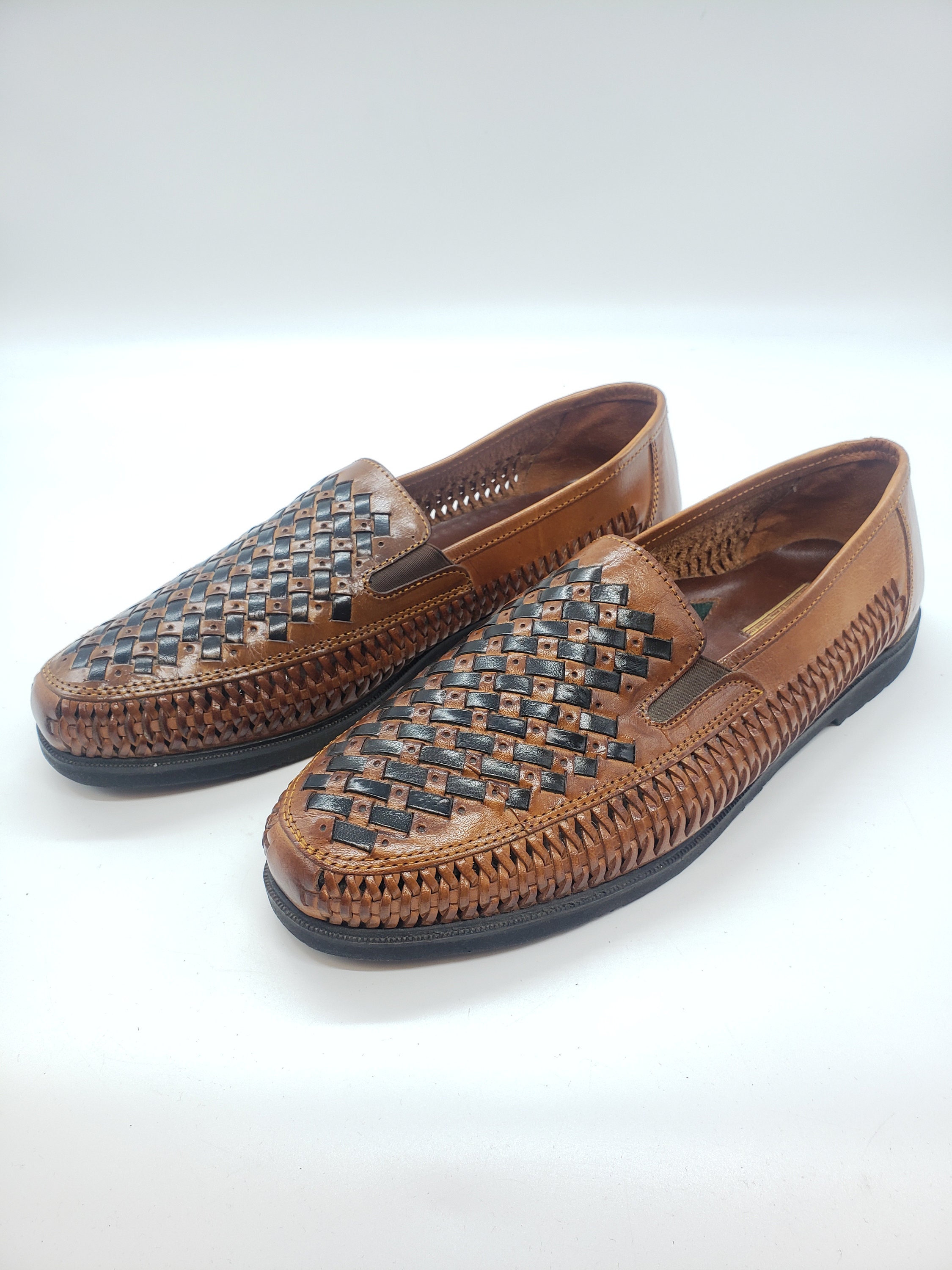DUKE HABAND Tan and Black Woven Huarache Slip on Loafer