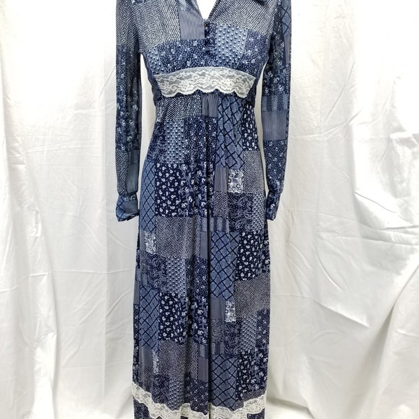 MYSTERY BRAND 70s Prairie Calico Faux Patchwork Long Sleeve Maxi Dress Size Medium