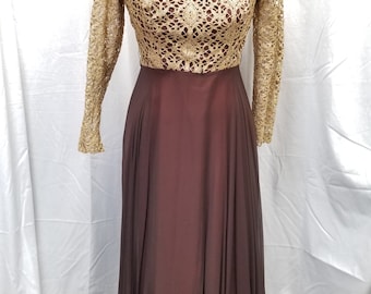 MYSTERY BRAND 70s Gold Crochet Lace Top Maxi Dress Size Medium