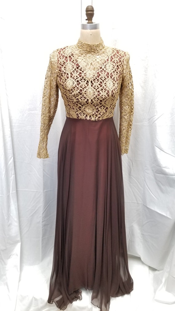 MYSTERY BRAND 70s Gold Crochet Lace Top Maxi Dress