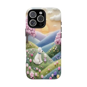 Funda para teléfono con diseño de perro y niña, adorable funda para teléfono con diseño de animal para amantes de las mascotas, con efecto bordado artístico, para iPhone 16, 15, 14 Pro Max, Samsung Galaxy, color pastel.
