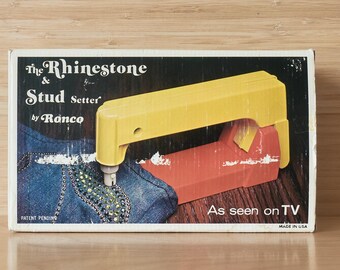 Kit vintage Ronco per l'applicazione di strass e borchie, anni '70, visto in TV. Strumento per lavori creativi, prodotto negli Stati Uniti.