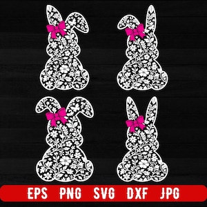 Op de afbeelding: Vier witte paashaassilhouetten met bloempatronen en roze strikken. De konijnen staan tegen een zwarte achtergrond. De afbeelding bevat de tekst "EPS PNG SVG DXF JPG" in een rode banner.