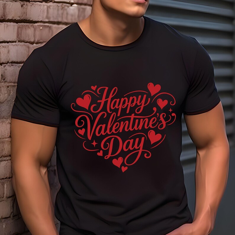 May include: Black t-shirt with a red Valentine's Day design. The design features the text "Happy Valentine's Day" in a decorative script, surrounded by red hearts and stars.