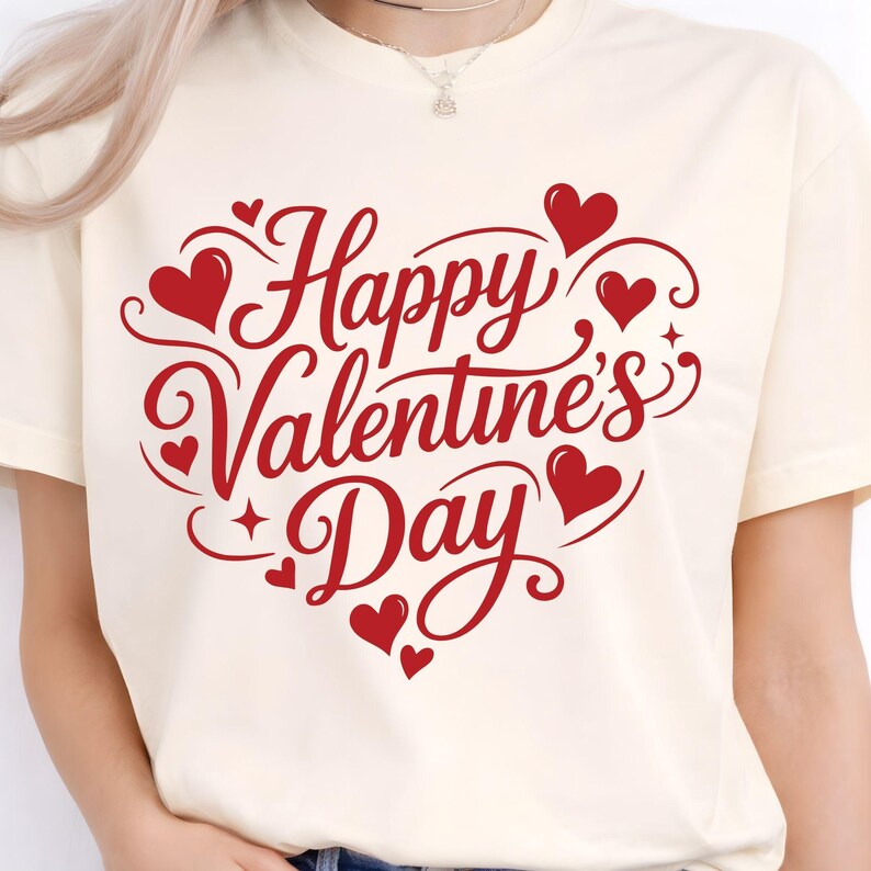May include: Cream-colored t-shirt featuring a red heart-shaped design with the words "Happy Valentine's Day" in a decorative script. The design includes several small red hearts and flourishes, perfect for Valentine's Day.