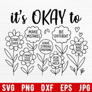 Puede incluir: Diseño floral en blanco y negro con el texto "it's OKAY to" sobre flores con frases como "Start Over", "Make Mistakes" y "Be Different". La parte inferior tiene opciones de tipo de archivo.
