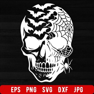 May include: A white skull design with bats, a spider web, and a spider on a black background. The skull's head is filled with bats. The bottom of the image has the text "EPS PNG SVG DXF JPG" in white on a red bar.