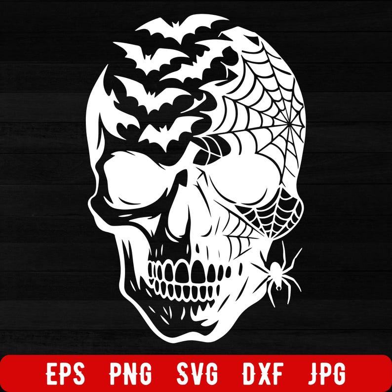 May include: A white skull design with bats, a spider web, and a spider on a black background. The skull's head is filled with bats. The bottom of the image has the text "EPS PNG SVG DXF JPG" in white on a red bar.