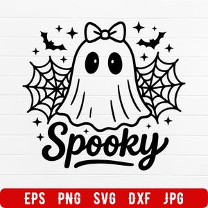 May include: A black and white Halloween-themed graphic featuring a ghost with a bow, spiderwebs, bats, and stars. The word "Spooky" is written in a stylized font below the ghost. The image is on a white background.