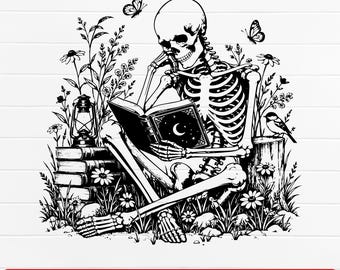 Book Reading Skeleton SVG PNG, Halloween Skeleton Svg, Gothic Book Lover Png, Floral Skeleton Wildflower Art, Spooky Bookish Design, Cut Fil