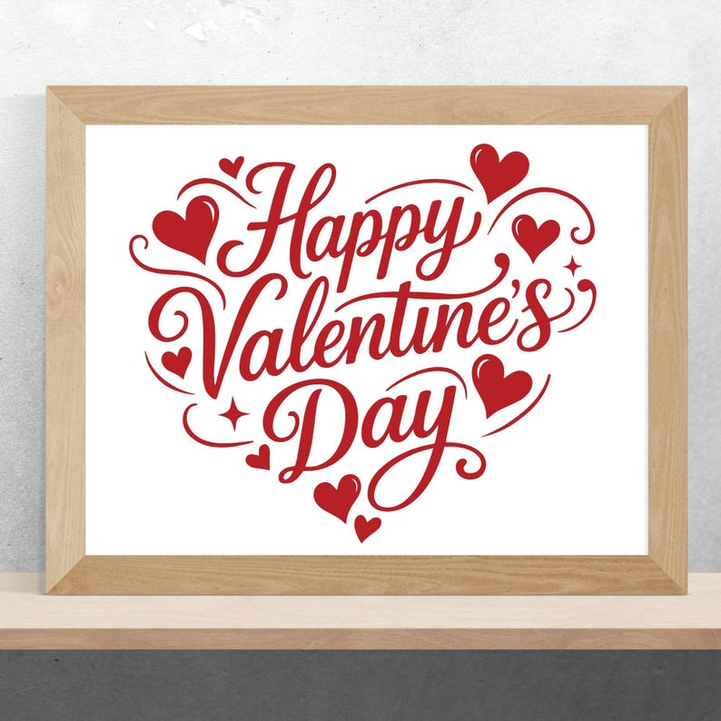 May include: A framed print with the words "Happy Valentine's Day" in red script. The text is arranged in a heart shape, with red hearts and decorative flourishes. The frame is made of light-colored wood.