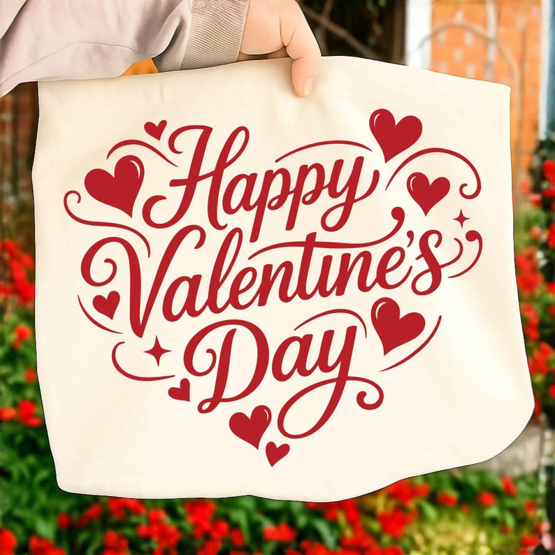 May include: Cream-colored tote bag with the text "Happy Valentine's Day" in red script, surrounded by red hearts and decorative swirls. The bag is held up, showcasing the design.