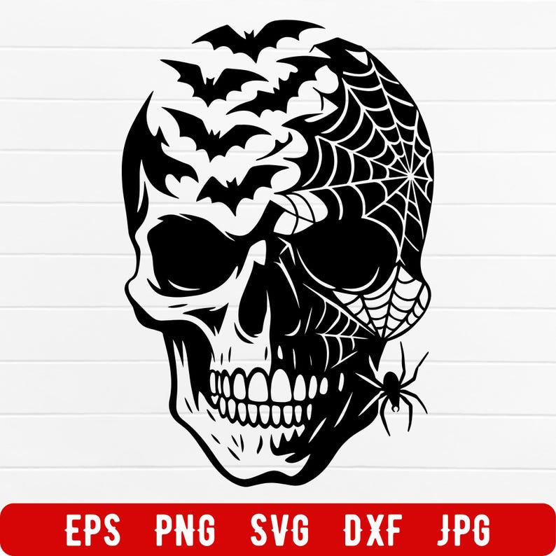 May include: A black and white graphic depicting a skull with bats flying out from the top. A spider and a spiderweb are on the right side. The bottom of the image has the text "EPS PNG SVG DXF JPG" in a red rectangle.