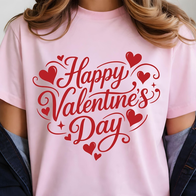 May include: A light pink t-shirt with the words "Happy Valentine's Day" in red script. The design includes red hearts and decorative swirls, perfect for celebrating the holiday of love.