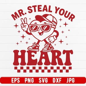 May include: Red graphic of a heart-shaped character wearing sunglasses and a baseball cap, giving a peace sign. The text "MR. STEAL YOUR HEART" is above the character, and "HEART" is below. The image includes star shapes and file type icons.