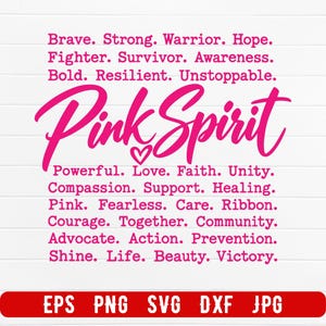 Puede incluir: Un diseño gráfico que presenta el texto rosa intenso "Pink Spirit" con un pequeño icono de corazón, rodeado por filas de palabras inspiradoras como Brave, Strong, Warrior, Hope, Fighter, Survivor, Awareness, Bold, Resilient, Unstoppable y más.