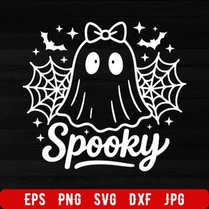 May include: A white graphic of a ghost with a bow, spiderwebs, bats, and stars on a black background. The word "Spooky" is written in a cursive font below the ghost. The image is for Halloween.