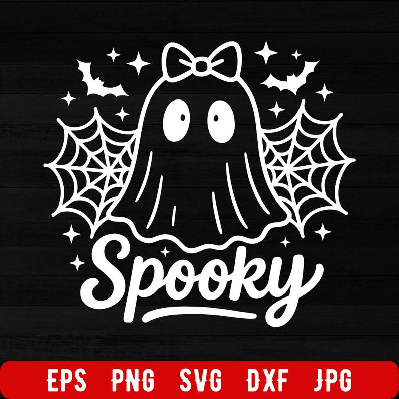 May include: A white graphic of a ghost with a bow, spiderwebs, bats, and stars on a black background. The word "Spooky" is written in a cursive font below the ghost. The image is for Halloween.