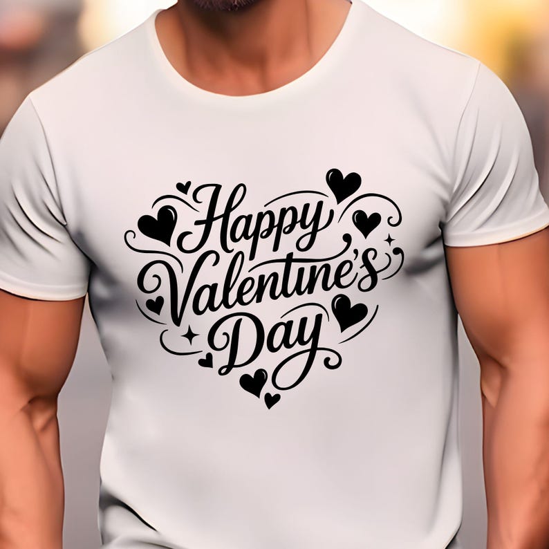 May include: White t-shirt with a black heart-shaped design that reads "Happy Valentine's Day" in a decorative script. The design includes small hearts and stars. The shirt is a crew neck style.