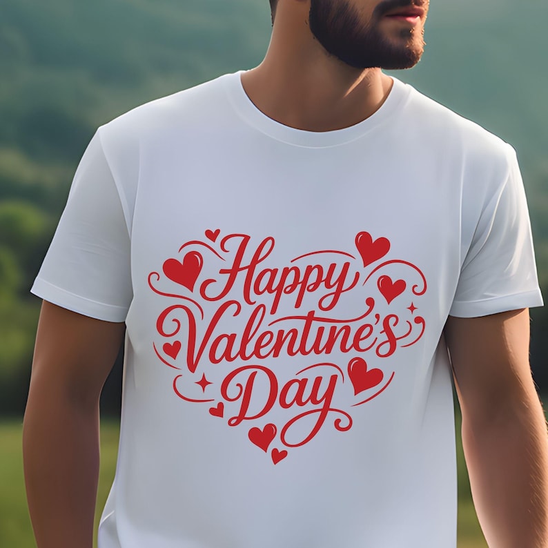 May include: White t-shirt with a red heart-shaped design that says "Happy Valentine's Day". The design includes hearts and decorative swirls. The shirt is made of a soft material.