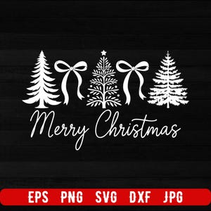 以下が含まれることがあります： 黒い背景に白いクリスマスをテーマにしたグラフィック。デザインには、4つの様式化されたクリスマスツリー、2つのリボン、そして筆記体フォントで「Merry Christmas」という言葉が含まれています。下部には、ファイルタイプの略語が記載された赤いバーがあります。