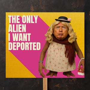 以下が含まれることがあります： 黄色とピンクの背景に白い文字で「THE ONLY ALIEN I WANT DEPORTED」と書かれた看板。トランプに似た顔をした人形のような姿で、ドレス、スカーフ、帽子を身に着けています。