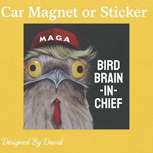 Può includere: Magnete o adesivo per auto con un uccello dei cartoni animati con un cappello rosso MAGA e una cravatta rossa. Il testo recita "BIRD BRAIN -IN- CHIEF". Sfondo nero, bordo giallo.