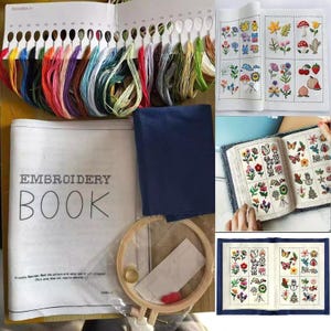 May include: An embroidery kit with colorful thread, a wooden hoop, and a navy blue fabric square. The kit includes an embroidery book with various floral and animal designs. The book's cover reads "EMBROIDERY BOOK."