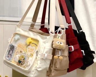 Ita Bag Messenger Bag with Clear Window for Pins, Kawaii Anime Crossbody Bag, Aesthetic Harajuku School Bag, Transparent Display Bag