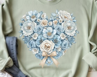 Blue Floral Heart PNG Vintage Bow Valentine Shirt Design