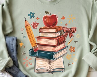 Preppy lärare PNG bokstapel Apple penna tillbaka till skolan skjorta design klassrumslärare grafisk sublimering utskrivbar digital nedladdning
