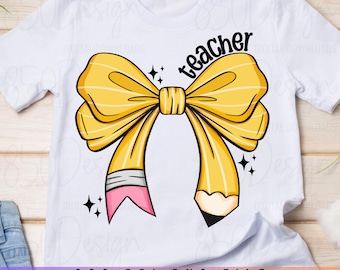 Teacher Pencil Bow PNG Coquette Teacher Shirt Design Cute Pencil Bow Back To School Digital Download