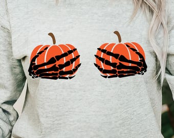 Funny Pumpkin Skeleton Hands PNG Halloween Shirt Design