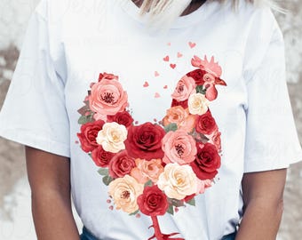 Floral Rooster PNG Watercolor Chicken Valentines Shirt Design Farmhouse Country Kitchen Sublimation Printable Digital Download