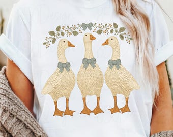 Blue Ribbon Goose PNG Goose Trio With Bows Cottagecore Farmhouse Country Goose Shirt Design Sublimation Printable Digital Download