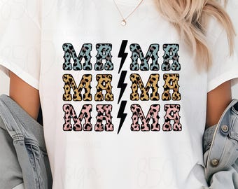 Leopardtryck Mama PNG Lightning Bolt Mom Shirt Design Retro Western Mama Grafisk Sublimering Digital Nedladdning