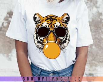Gold Tiger mit Sonnenbrille und Bubble Gum PNG Sublimationstransfer Cooles Tiger-Tier-Tiger-Liebhaber-Design-Digital-Grafikdesign-T-Shirt