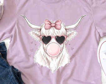 Highland Cow Valentine PNG Pink Bow Cow Shirt Design Sublimation