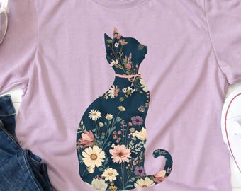 Floral Cat Silhouette PNG Cottagecore Shirt Design