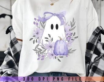 Purple Floral Ghost PNG Boho Halloween Ghost With Pumpkin Coquette Fall Shirt Design Digital Download