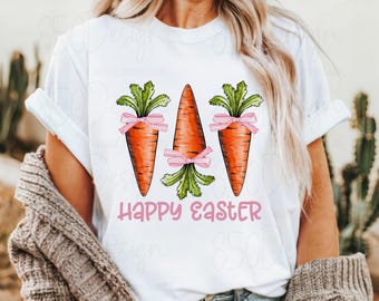 Happy Easter Carrots With Pink Bows PNG Coquette Easter Carrot Preppy Spring Shirt Design Digital Download