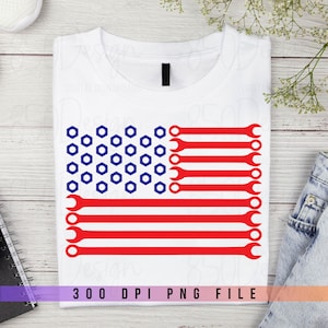 Chiave inglese e bullone con bandiera americana PNG Trasferimento a sublimazione Strumenti patriottici Meccanico patriottico Regalo per papà T-shirt con grafica digitale