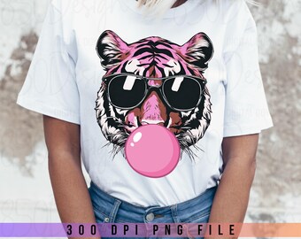 Pink Tiger With Sunglasses PNG Bubble Gum Cool Tiger Face Shirt Design Sublimation Digital Download