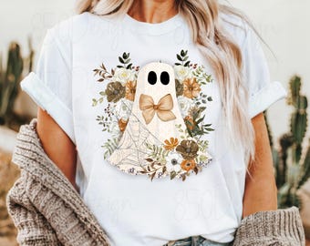 Design de camiseta com fantasma de renda floral outono PNG estilo cottagecore Halloween coquette para download digital