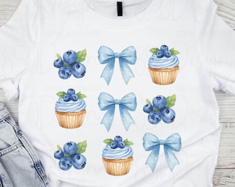 Blåbärscupcake PNG med blå rosett akvarell dessertillustration Coquette Cottagecore bakskjorta design sublimering utskrivbar