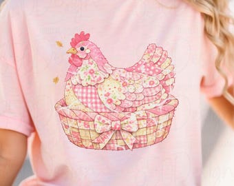 Patchwork Chicken PNG Pink Cottagecore Chicken Basket Bow Watercolor Farmhouse Spring Easter Shirt Design Sublimation DTF Ready