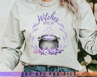 Witches Brew Cauldron PNG Purple Floral Halloween Shirt Design Digital Download