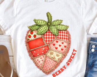 Berry Sweet Patchwork Strawberry PNG Valentines Strawberry Shirt Design Coquette Cottagecore Quilted Fruit Sublimation DTF Ready