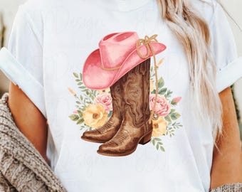 Rosa cowgirlhatt westernstövlar PNG blommig rodeo cowgirlskjortadesign country girl grafisk sublimering utskrivbar digital nedladdning