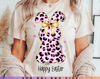 Happy Easter Bunny PNG Leopard Print Bunny With Gold Bow Easter Shirt Design Digital Download